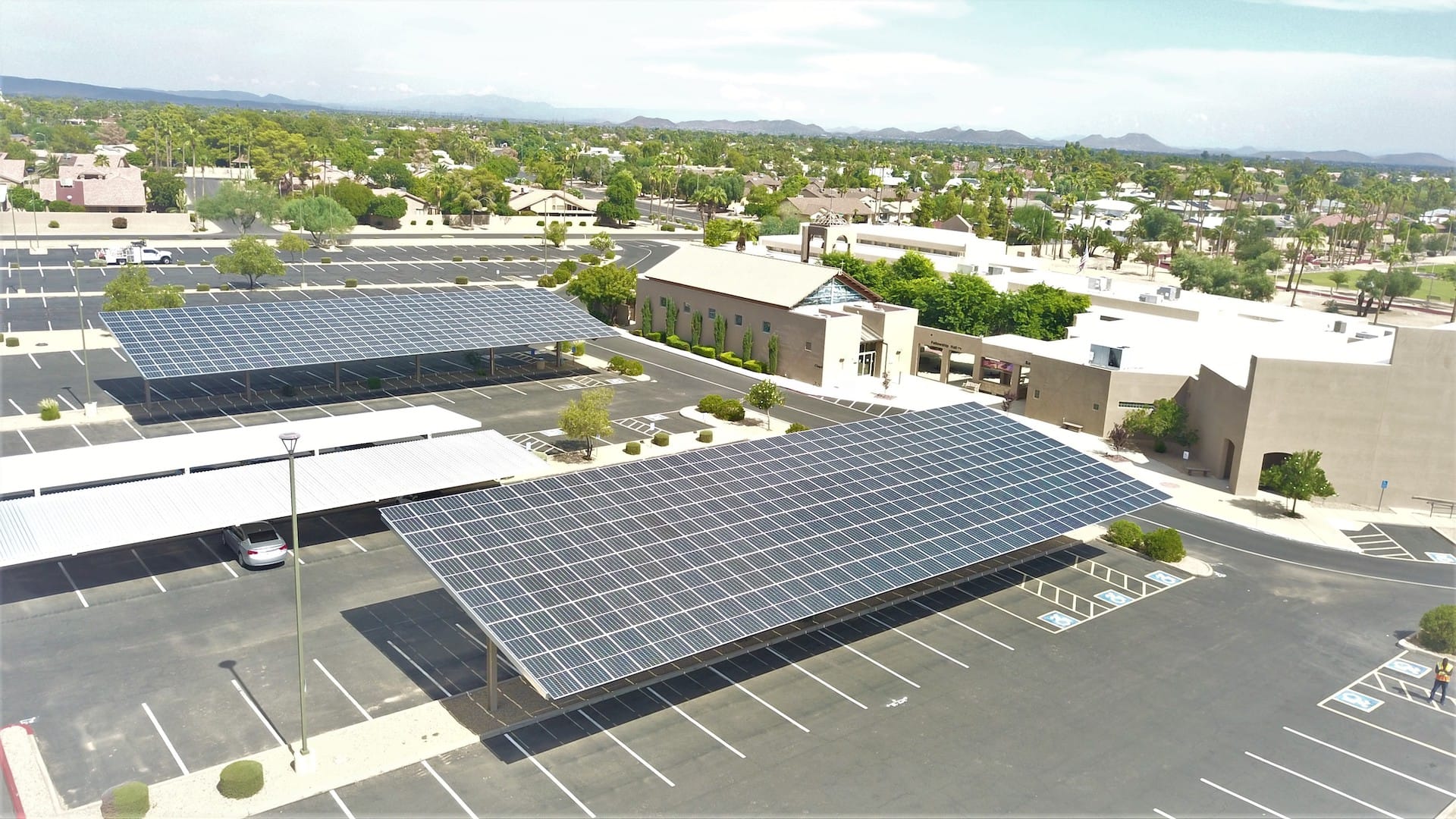 Drone view of solar carports SunRenu installed at Shepherd of the Hills, Sun City West