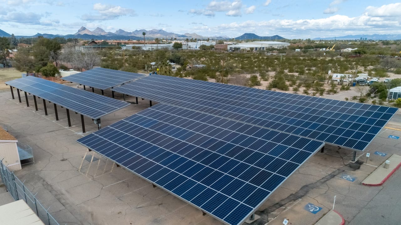 Aerial view of solar carports at Sunnyside Unified Admin Complex, Tucson